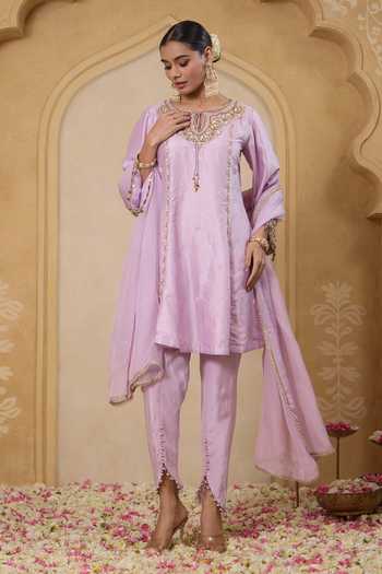 Nitisha Kashyap_Lilac Silk, Organza Round Neck Meher Kurta Set _Online_at_Aza_Fashions