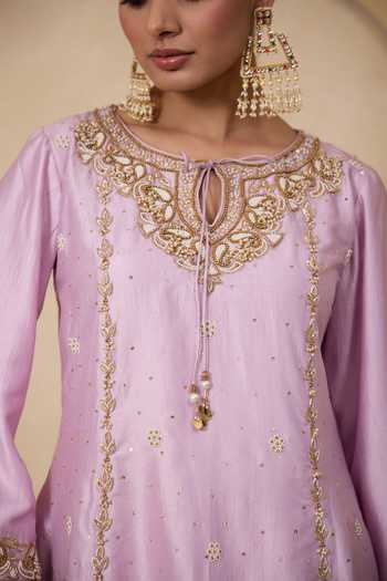 Buy_Nitisha Kashyap_Lilac Silk, Organza Round Neck Meher Kurta Set _Online_at_Aza_Fashions