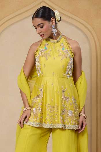 Nitisha Kashyap_Yellow Silk, Organza, Georgette Halter Neck Elara Hand Embroidered Kurta Set _Online_at_Aza_Fashions