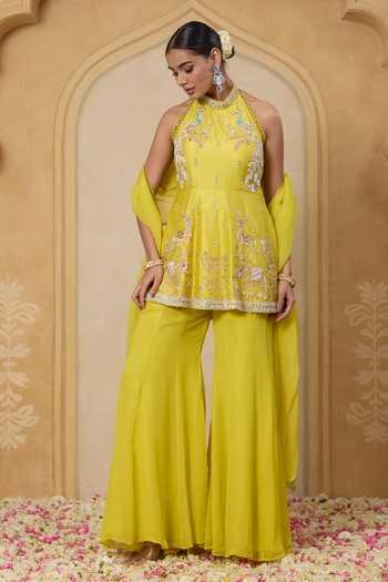 Shop_Nitisha Kashyap_Yellow Silk, Organza, Georgette Halter Neck Elara Hand Embroidered Kurta Set _Online_at_Aza_Fashions