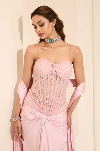 Buy_K&A By Karishma and Ashita_Pink Cotton Satin Embroidery, Primrose Chantilly Corset And Draped Skirt Set _Online_at_Aza_Fashions