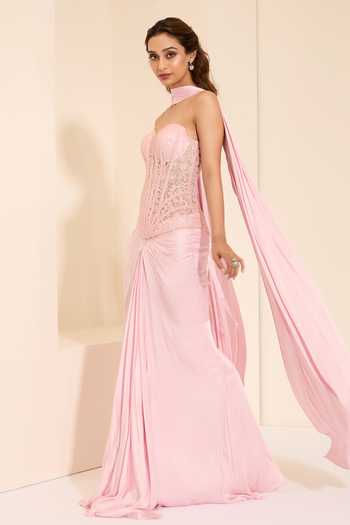 Shop_K&A By Karishma and Ashita_Pink Cotton Satin Embroidery, Primrose Chantilly Corset And Draped Skirt Set _Online_at_Aza_Fashions