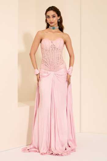 K&A By Karishma and Ashita_Pink Cotton Satin Embroidery, Primrose Chantilly Corset And Draped Skirt Set _at_Aza_Fashions