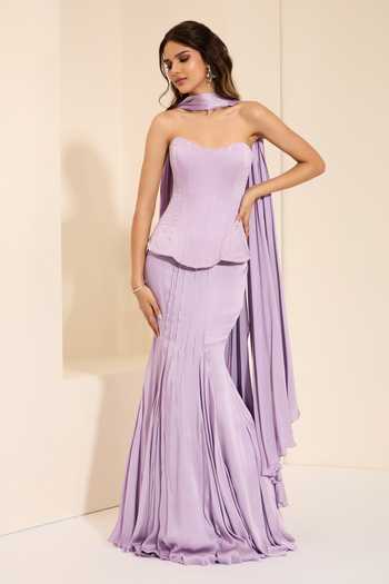 K&A By Karishma and Ashita_Lilac Cotton Satin Sweetheart Neck Pre-draped Saree With Lili Corset _Online_at_Aza_Fashions