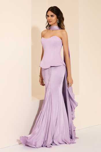 Buy_K&A By Karishma and Ashita_Lilac Cotton Satin Sweetheart Neck Pre-draped Saree With Lili Corset _Online_at_Aza_Fashions