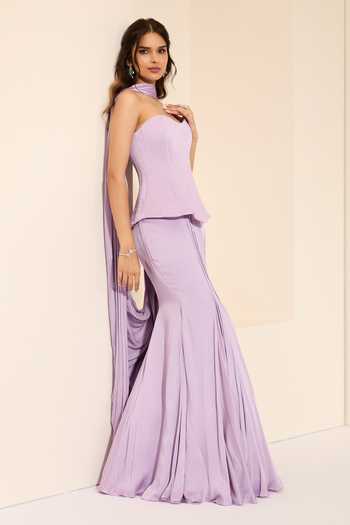 Shop_K&A By Karishma and Ashita_Lilac Cotton Satin Sweetheart Neck Pre-draped Saree With Lili Corset _Online_at_Aza_Fashions