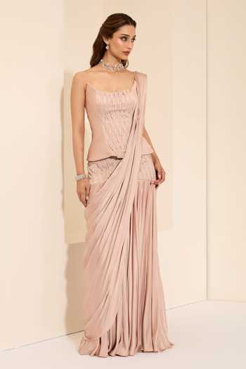 K&A By Karishma and Ashita_Blush Cotton Satin Stones Scoop Neck Silken Corset And Pre-draped Saree Set _Online_at_Aza_Fashions
