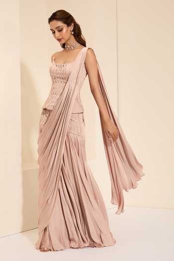 Buy_K&A By Karishma and Ashita_Blush Cotton Satin Stones Scoop Neck Silken Corset And Pre-draped Saree Set _Online_at_Aza_Fashions