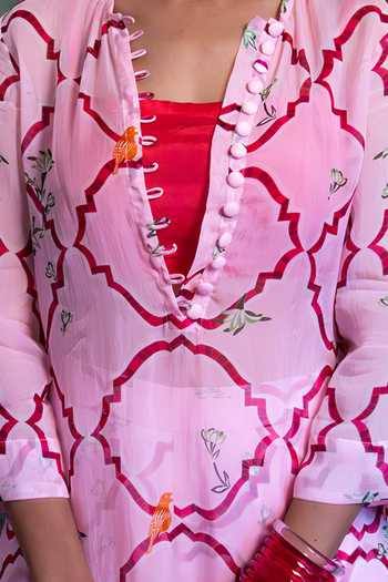 Amrood_Pink Satin Embroidery Floral Jaal Pattern Kurta For Kids_Online_at_Aza_Fashions