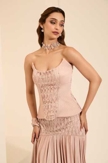 Shop_K&A By Karishma and Ashita_Blush Cotton Satin Stones Scoop Neck Silken Corset And Pre-draped Saree Set _Online_at_Aza_Fashions