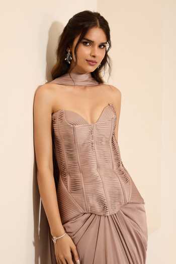 Buy_K&A By Karishma and Ashita_Mauve Cotton Satin Sweetheart Neck Dessert Rose Corset And Draped Saree Set _Online_at_Aza_Fashions