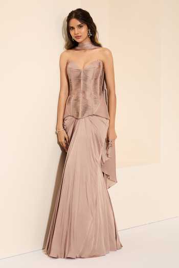 Shop_K&A By Karishma and Ashita_Mauve Cotton Satin Sweetheart Neck Dessert Rose Corset And Draped Saree Set _Online_at_Aza_Fashions