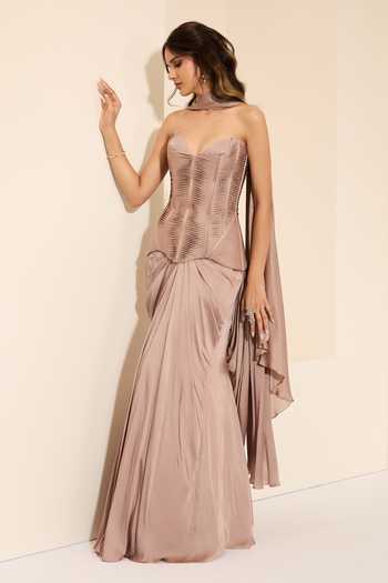 K&A By Karishma and Ashita_Mauve Cotton Satin Sweetheart Neck Dessert Rose Corset And Draped Saree Set _at_Aza_Fashions
