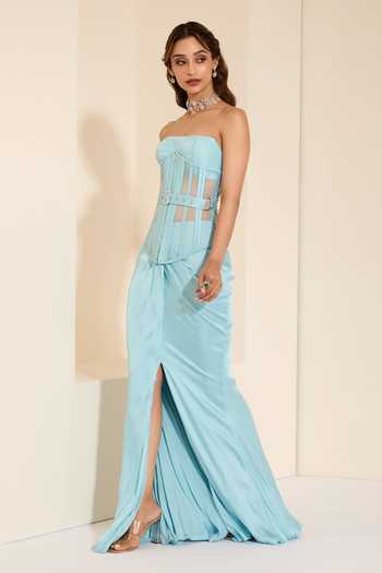 K&A By Karishma and Ashita_Blue Cotton Satin Bandeau Neck Frosted Elegance Corset And Draped Skirt Set _Online_at_Aza_Fashions