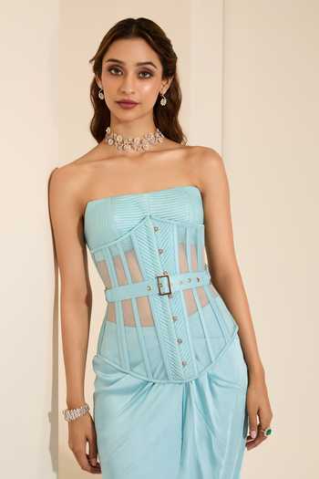 Buy_K&A By Karishma and Ashita_Blue Cotton Satin Bandeau Neck Frosted Elegance Corset And Draped Skirt Set _Online_at_Aza_Fashions