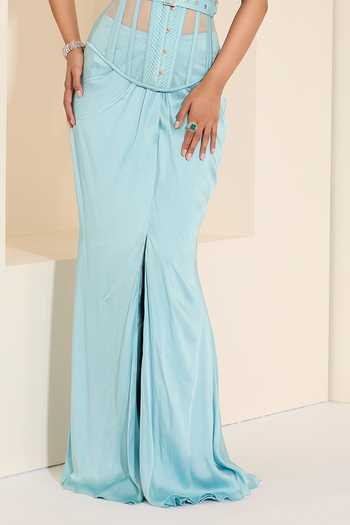 K&A By Karishma and Ashita_Blue Cotton Satin Bandeau Neck Frosted Elegance Corset And Draped Skirt Set _at_Aza_Fashions