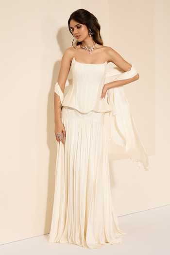 K&A By Karishma and Ashita_Ivory Cotton Satin Pearls Bandeau Neck Pre-draped Saree With Corset _Online_at_Aza_Fashions