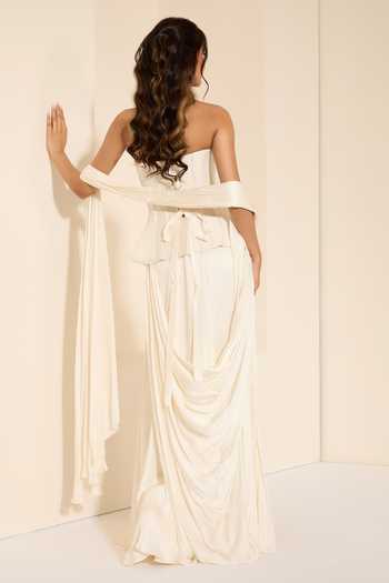 Buy_K&A By Karishma and Ashita_Ivory Cotton Satin Pearls Bandeau Neck Pre-draped Saree With Corset _Online_at_Aza_Fashions