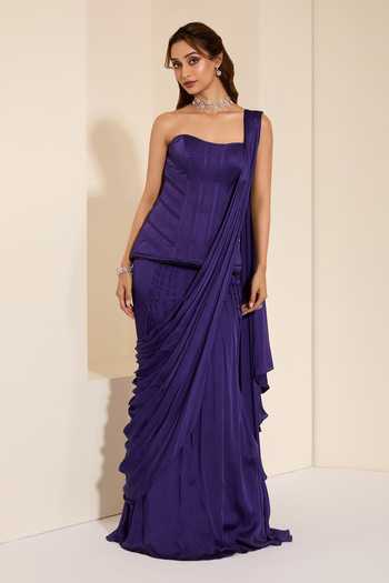 K&A By Karishma and Ashita Pre-Draped Saree With Midnight Plum Corset 