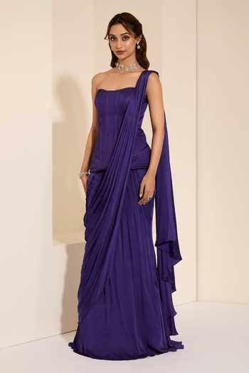 K&A By Karishma and Ashita_Purple Cotton Satin Crystals Bandeau Pre-draped Saree With Midnight Plum Corset _Online_at_Aza_Fashions
