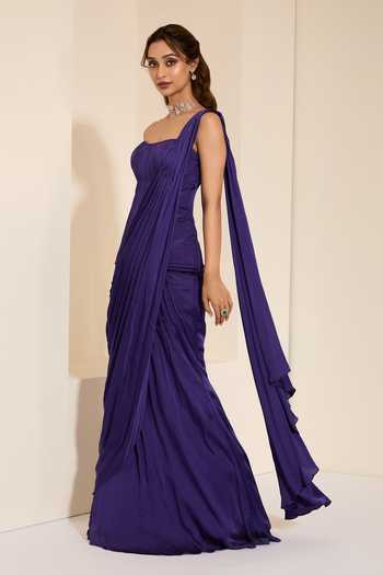 Buy_K&A By Karishma and Ashita_Purple Cotton Satin Crystals Bandeau Pre-draped Saree With Midnight Plum Corset _Online_at_Aza_Fashions