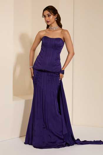 Shop_K&A By Karishma and Ashita_Purple Cotton Satin Crystals Bandeau Pre-draped Saree With Midnight Plum Corset _Online_at_Aza_Fashions
