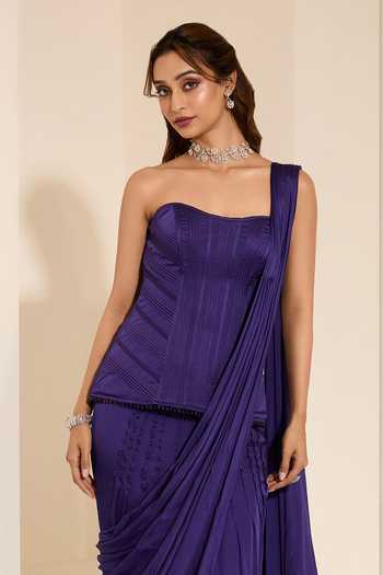 K&A By Karishma and Ashita_Purple Cotton Satin Crystals Bandeau Pre-draped Saree With Midnight Plum Corset _at_Aza_Fashions