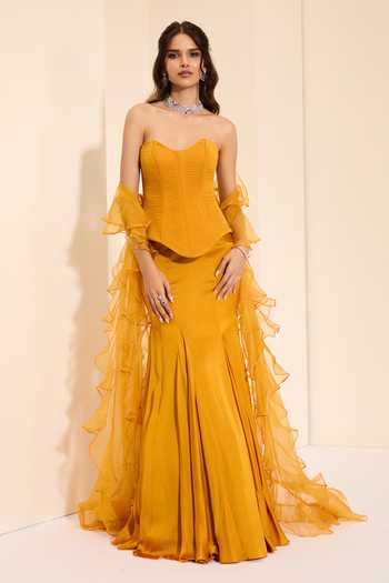 K&A By Karishma and Ashita_Mustard Cotton Satin Sweetheart Neck Sunset Majesty Corset Draped Skirt Set _Online_at_Aza_Fashions