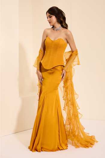 Buy_K&A By Karishma and Ashita_Mustard Cotton Satin Sweetheart Neck Sunset Majesty Corset Draped Skirt Set _Online_at_Aza_Fashions