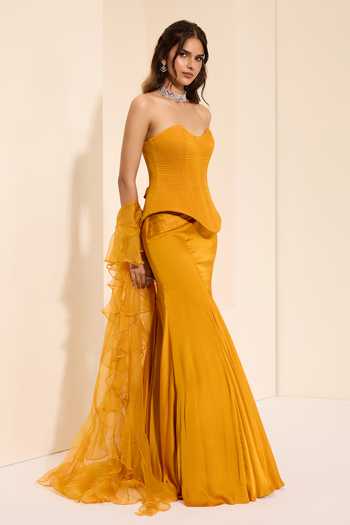 Shop_K&A By Karishma and Ashita_Mustard Cotton Satin Sweetheart Neck Sunset Majesty Corset Draped Skirt Set _Online_at_Aza_Fashions