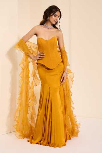 K&A By Karishma and Ashita_Mustard Cotton Satin Sweetheart Neck Sunset Majesty Corset Draped Skirt Set _at_Aza_Fashions