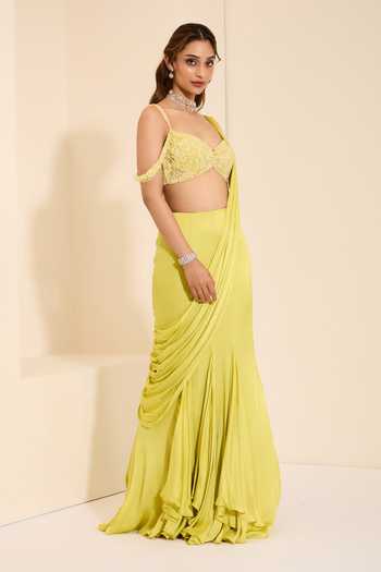K&A By Karishma and Ashita_Lime Cotton Satin Sweetheart Neck Pre-draped Saree With Sunshine Bustier _Online_at_Aza_Fashions