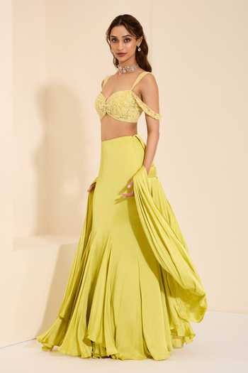 Buy_K&A By Karishma and Ashita_Lime Cotton Satin Sweetheart Neck Pre-draped Saree With Sunshine Bustier _Online_at_Aza_Fashions
