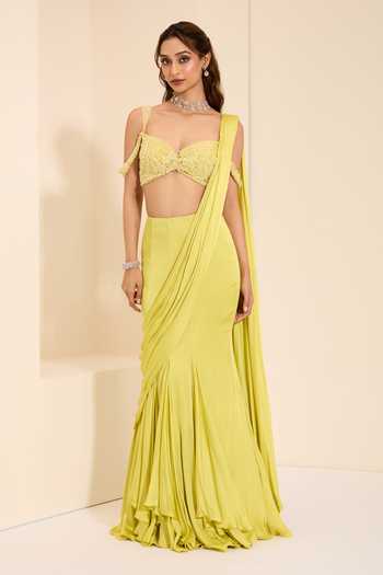 Shop_K&A By Karishma and Ashita_Lime Cotton Satin Sweetheart Neck Pre-draped Saree With Sunshine Bustier _Online_at_Aza_Fashions