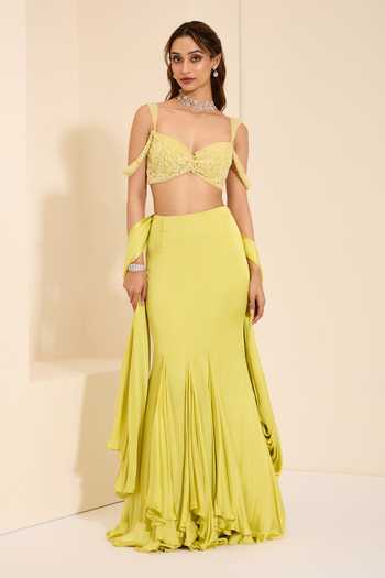 K&A By Karishma and Ashita_Lime Cotton Satin Sweetheart Neck Pre-draped Saree With Sunshine Bustier _at_Aza_Fashions