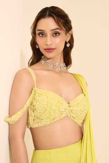 Buy_K&A By Karishma and Ashita_Lime Cotton Satin Sweetheart Neck Pre-draped Saree With Sunshine Bustier 