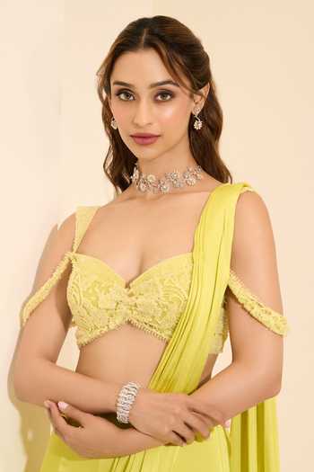 Shop_K&A By Karishma and Ashita_Lime Cotton Satin Sweetheart Neck Pre-draped Saree With Sunshine Bustier 