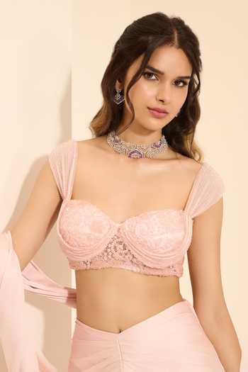 Buy_K&A By Karishma and Ashita_Pink Cotton Satin Sweetheart Neck Pre-draped Saree With Blush Pearl Bustier _Online_at_Aza_Fashions