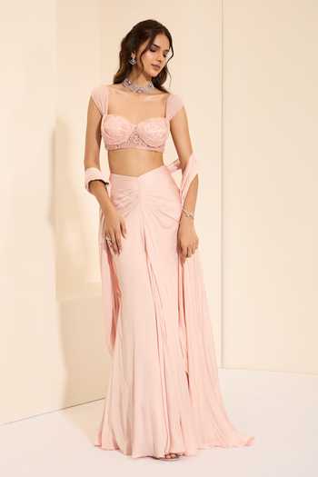 K&A By Karishma and Ashita Pre-Draped Saree With Blush Pearl Bustier 