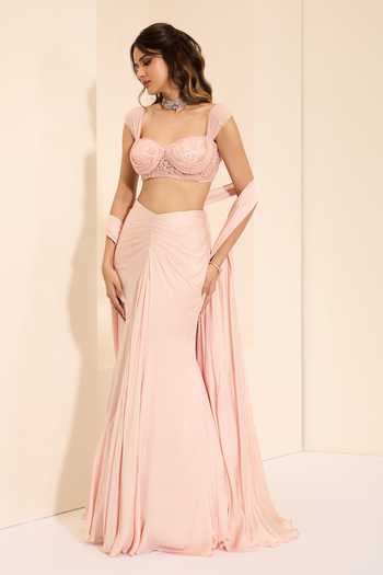 Shop_K&A By Karishma and Ashita_Pink Cotton Satin Sweetheart Neck Pre-draped Saree With Blush Pearl Bustier _Online_at_Aza_Fashions