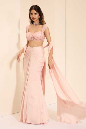 K&A By Karishma and Ashita_Pink Cotton Satin Sweetheart Neck Pre-draped Saree With Blush Pearl Bustier _at_Aza_Fashions