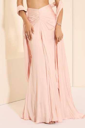 Buy_K&A By Karishma and Ashita_Pink Cotton Satin Sweetheart Neck Pre-draped Saree With Blush Pearl Bustier 