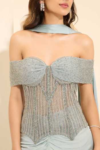 K&A By Karishma and Ashita_Grey Cotton Satin Sequins, Beads, Frosted Dreams Corset And Draped Skirt Set _Online_at_Aza_Fashions