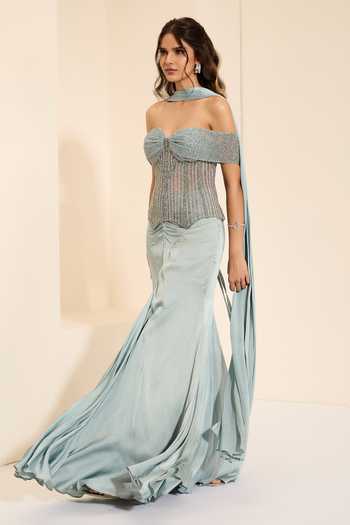 Buy_K&A By Karishma and Ashita_Grey Cotton Satin Sequins, Beads, Frosted Dreams Corset And Draped Skirt Set _Online_at_Aza_Fashions