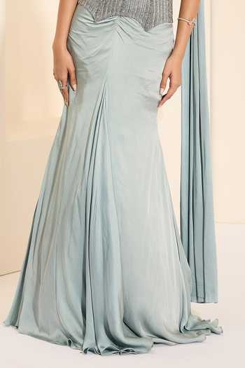 Shop_K&A By Karishma and Ashita_Grey Cotton Satin Sequins, Beads, Frosted Dreams Corset And Draped Skirt Set _Online_at_Aza_Fashions