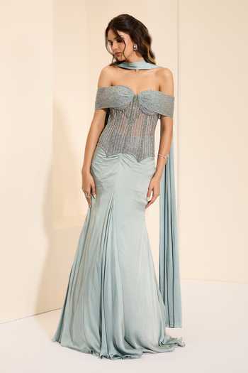 K&A By Karishma and Ashita Frosted Dreams Corset & Draped Skirt Set 