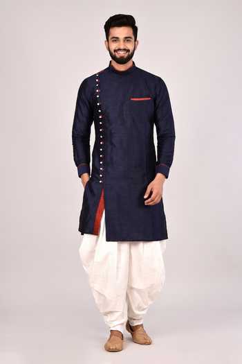 Arihant Rai Sinha Navy Blue Silk Kurta & White Cowl Pant Set 