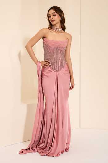 K&A By Karishma and Ashita Champagne Rose Corset & Pre-Draped Saree Set 