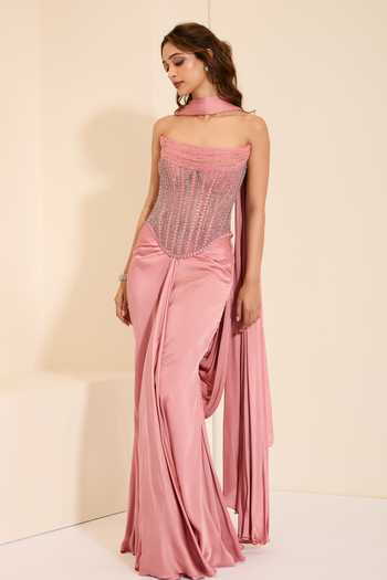 K&A By Karishma and Ashita_Pink Cotton Satin Sequins, Beads, Champagne Rose Corset And Pre-draped Saree Set _Online_at_Aza_Fashions