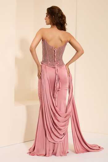 K&A By Karishma and Ashita Champagne Rose Corset & Pre-Draped Saree Set 
